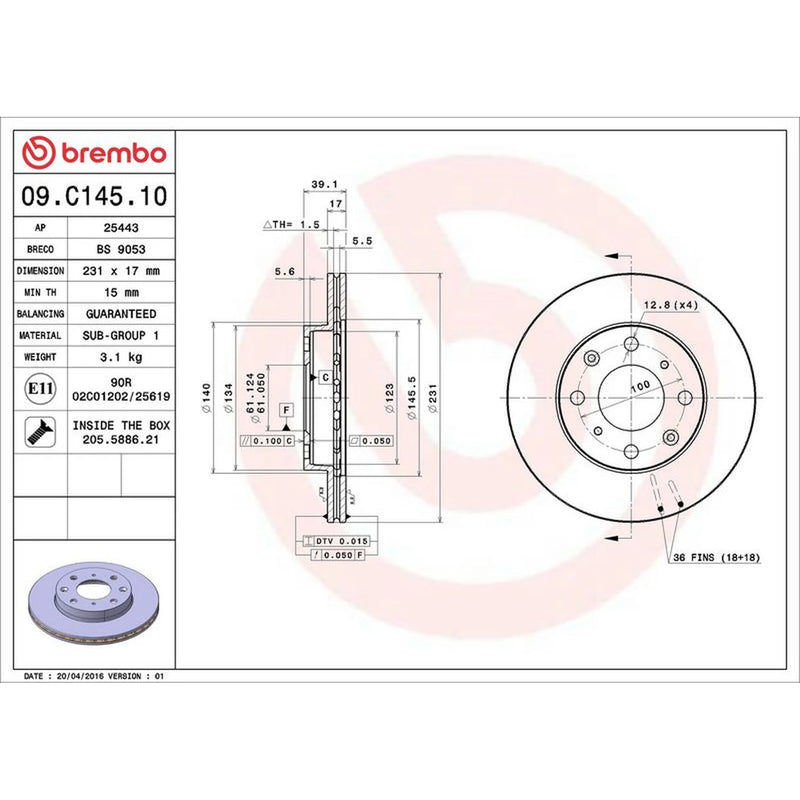 Brembo 2 x Internally Vented Front Brake Discs 09.C145.10