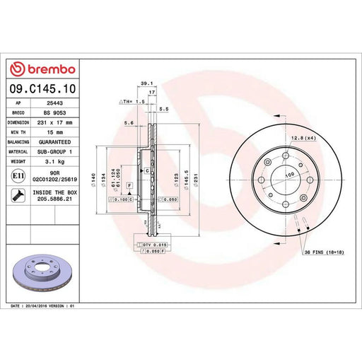 Brembo 2 x Internally Vented Front Brake Discs 09.C145.10