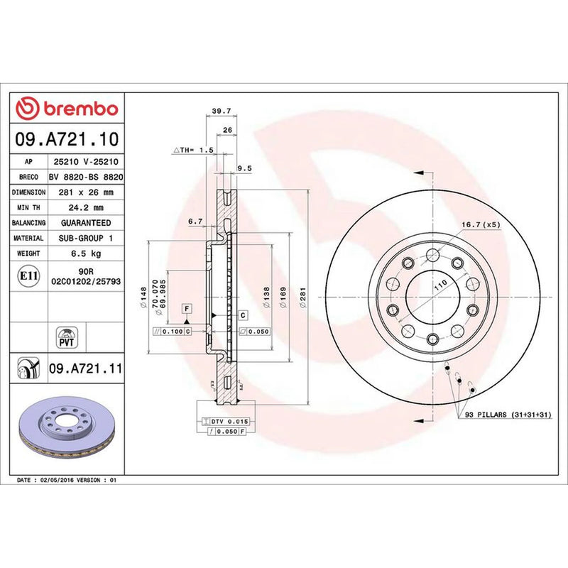 Brembo 2 x Front Brake Discs 09.A721.11