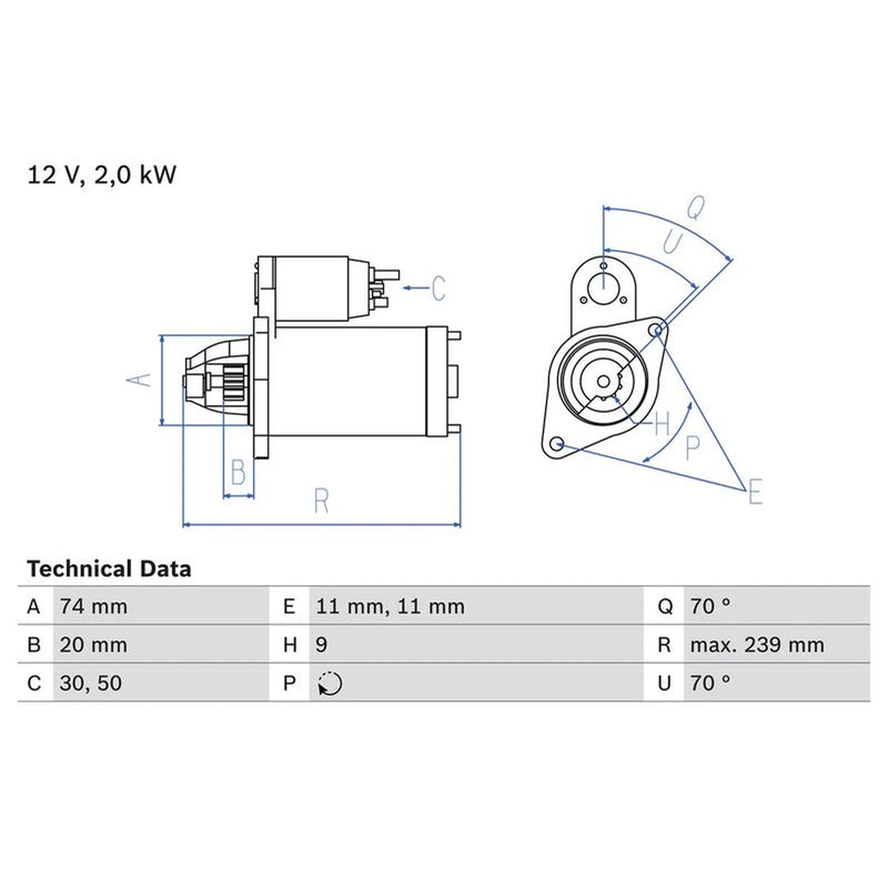 Bosch Starter Motor 12V 2kW 9 Teeth 0 986 022 440