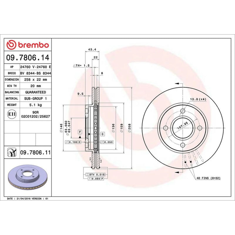 Brembo 2 x Internally Vented Front Brake Discs 09.7806.11