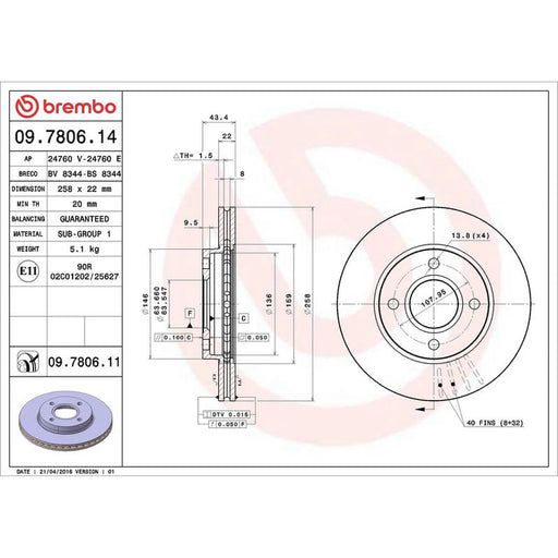 Brembo 2 x Internally Vented Front Brake Discs 09.7806.11