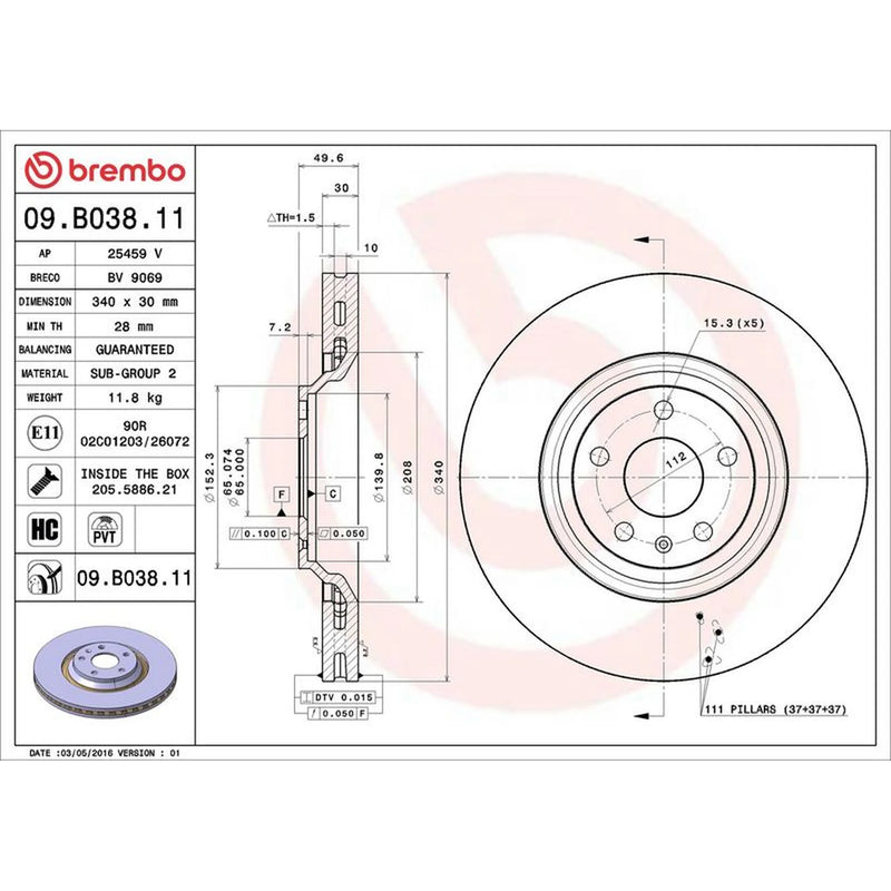 Brembo 2 x Internally Vented Front Brake Discs 09.B038.11