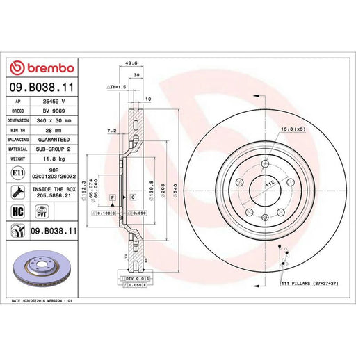 Brembo 2 x Internally Vented Front Brake Discs 09.B038.11