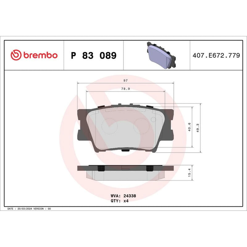 Brembo 4 x Rear Brake Pad Set P83089
