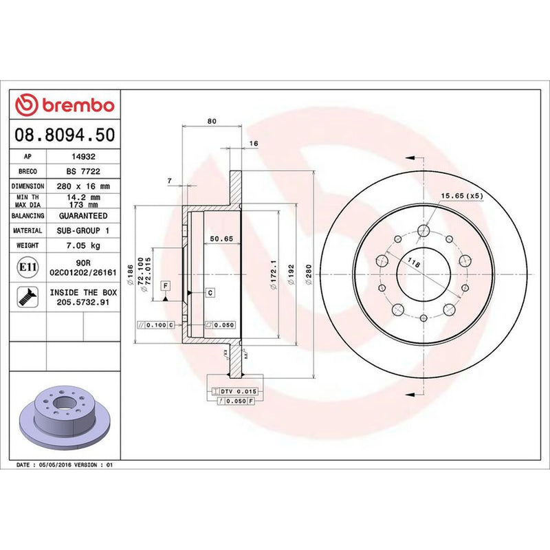 Brembo 2 x Solid Rear Brake Discs 08.8094.50