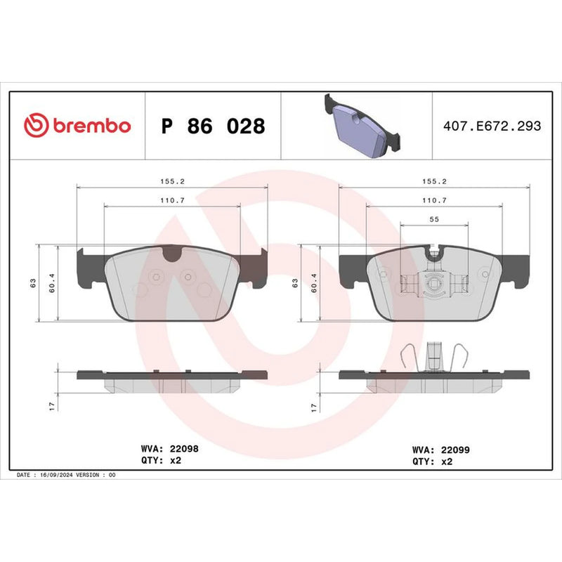Brembo 4 x Front Brake Pad Set P86028