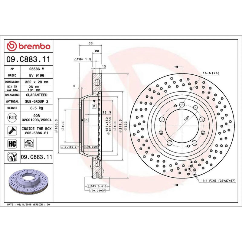 Brembo 2 x Perforated/Vented Rear Brake Discs 09.C883.11