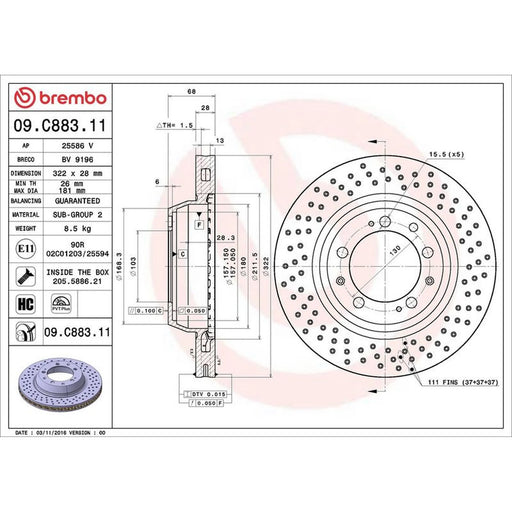 Brembo 2 x Perforated/Vented Rear Brake Discs 09.C883.11