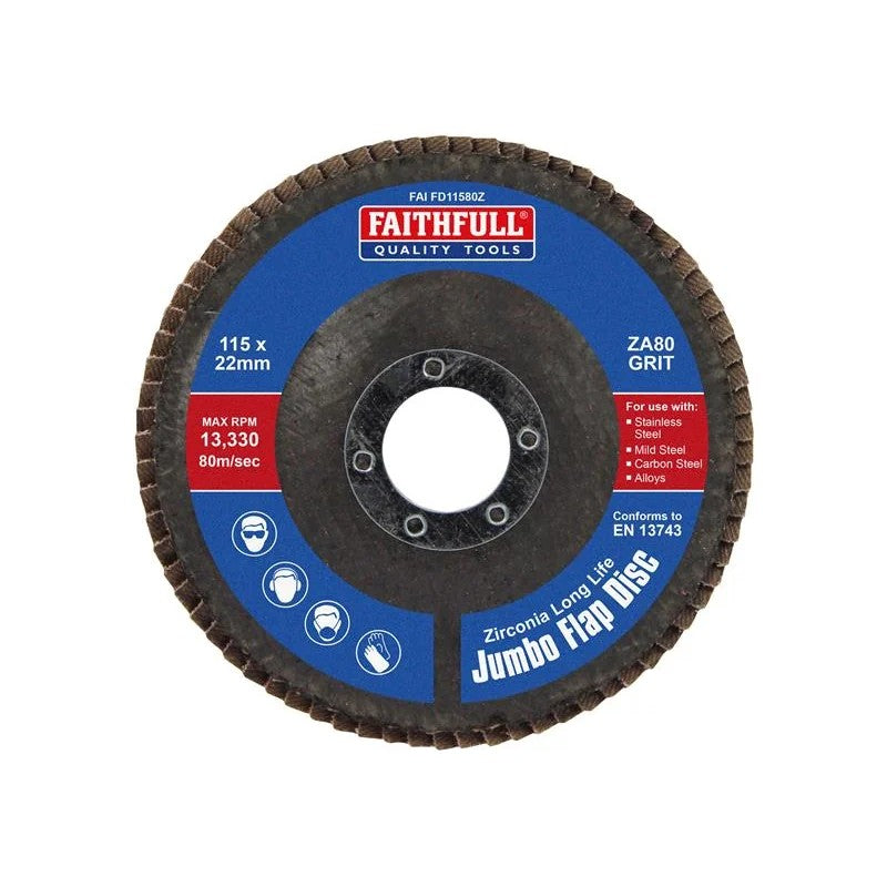 Faithfull Zirconia Abrasive Jumbo Flap Disc 115 x 22mm 80 Grit - FAIFD11580Z