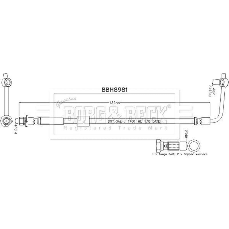 Borg & Beck Brake Hydraulic Hose Line Front Right BBH8981