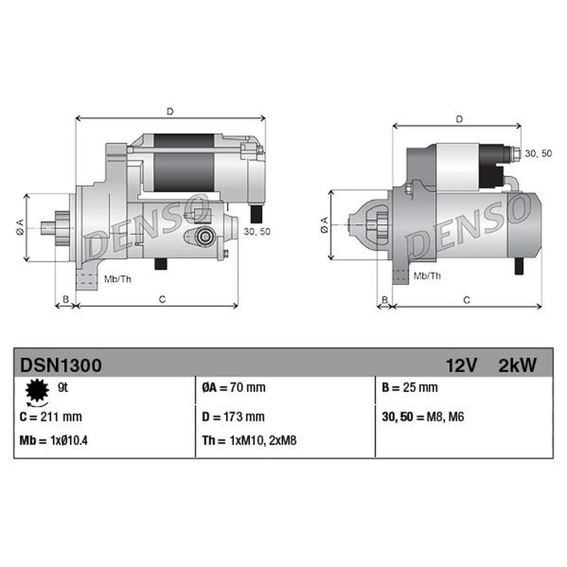 Denso Starter Motor 12V 2kW 9 Teeth DSN1300