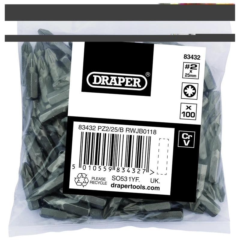 Draper PZ Type Insert Bits 1/4" No.2 Pack of 100