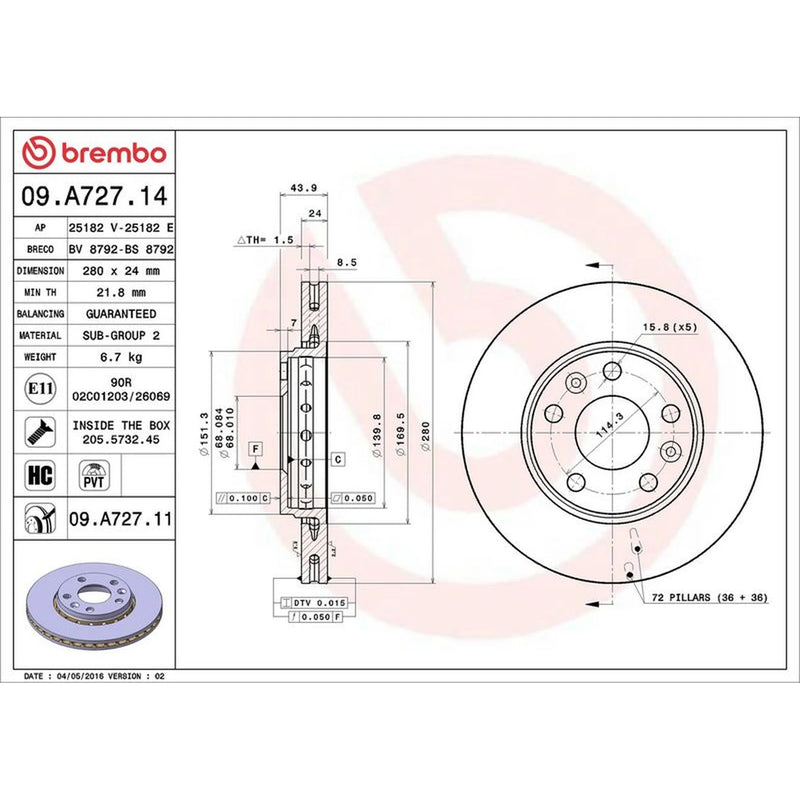 Brembo 2 x Internally Vented Front Brake Discs 09.A727.11