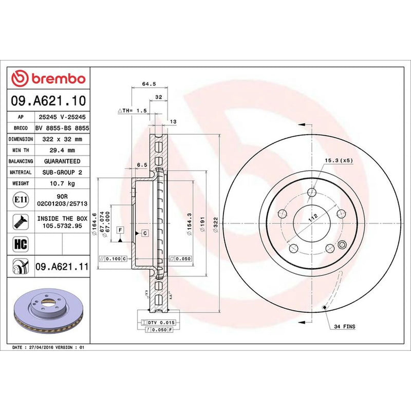 Brembo 2 x Internally Vented Front Brake Discs 09.A621.11