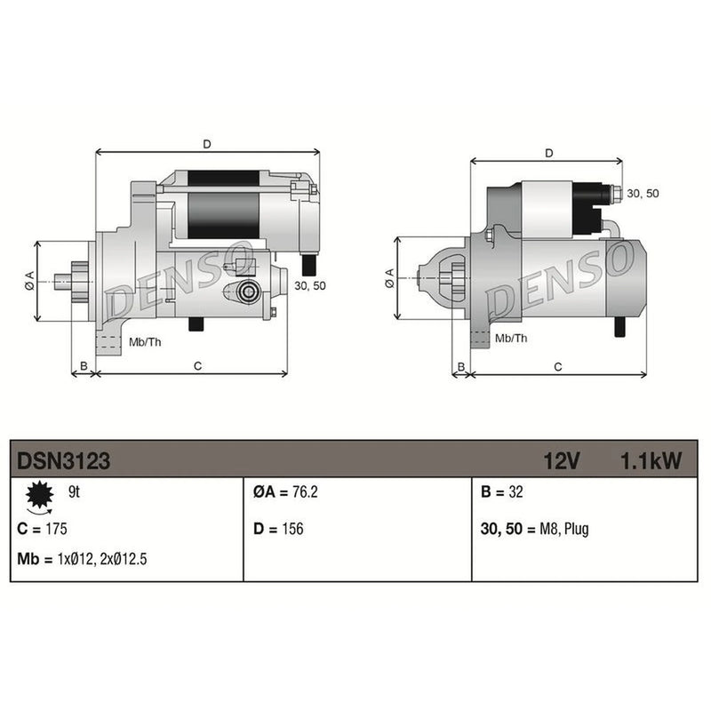 Denso Starter Motor 12V 1.1kW 9 Teeth DSN3123
