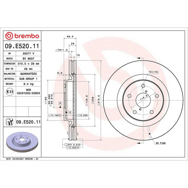 Brembo 2 x Internally Vented Front Brake Discs 09.E520.11