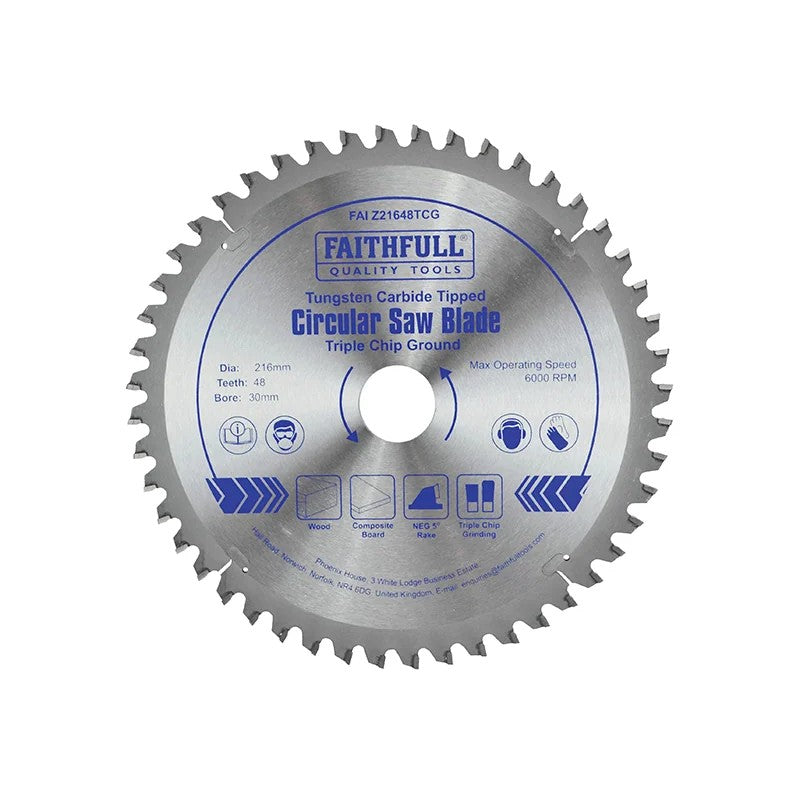 Faithfull TCT Circular Saw Blade Triple Chip Ground 216 x 30mm x 48T NEG