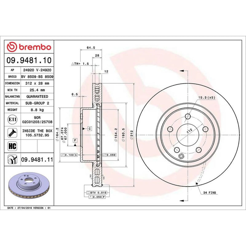 Brembo 2 x Front Brake Discs 09.9481.11