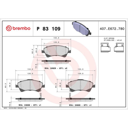 Brembo 4 x Front Brake Pad Set P83109