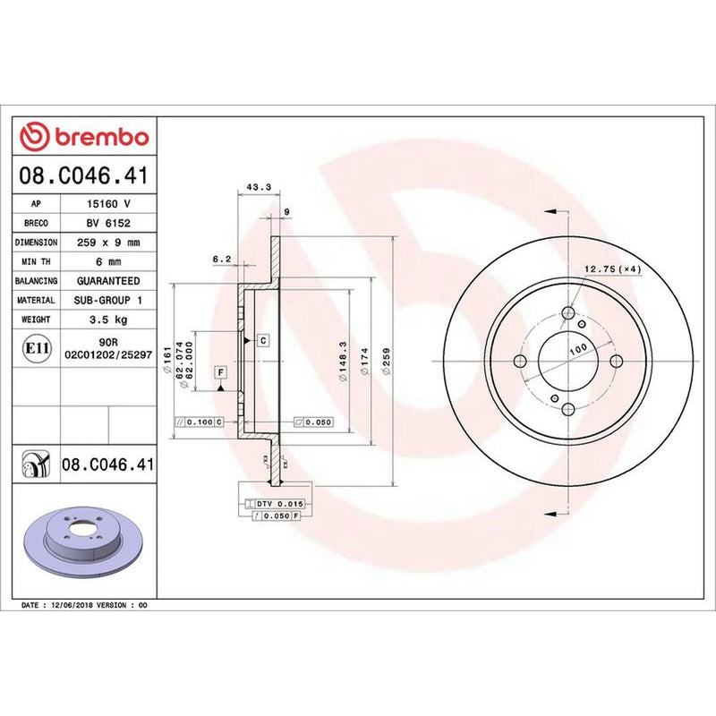 Brembo 2 x Solid Rear Brake Discs 08.C046.41