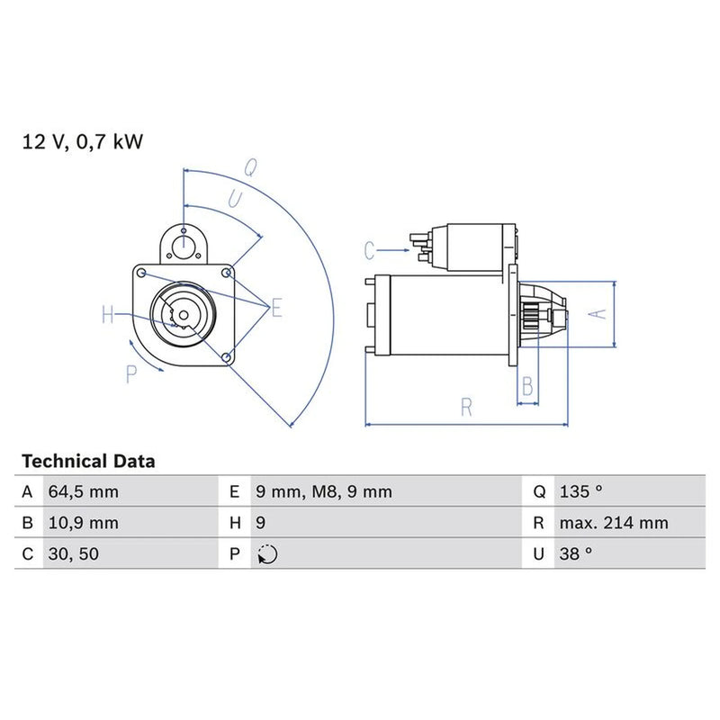 Bosch Starter Motor 12V 0.7kW 9 Teeth 0 986 017 030