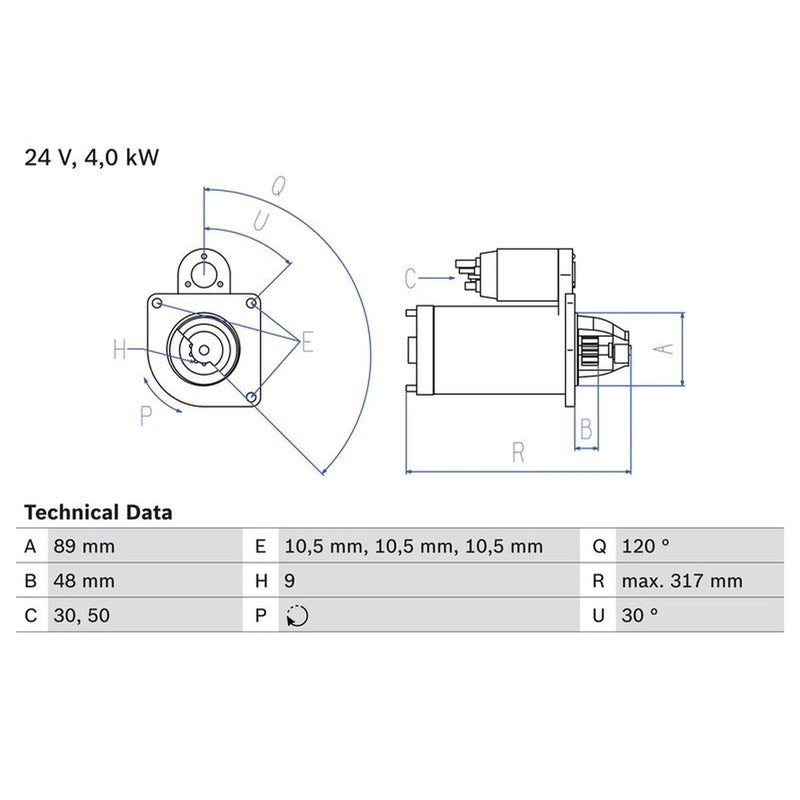 Bosch Starter Motor 24V 4kW 9 Teeth 0 986 017 990