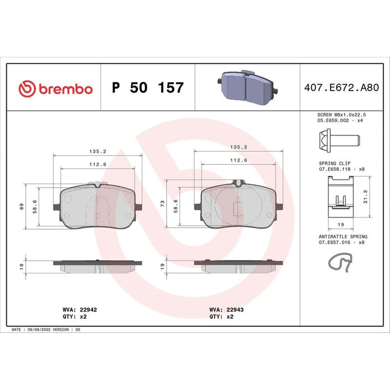 Brembo 4 x Front Brake Pad Set P50157