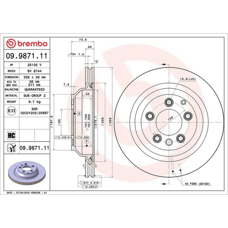 Brembo 2 x Internally Vented Rear Brake Discs 09.9871.11