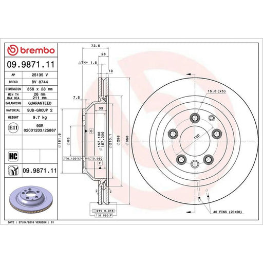 Brembo 2 x Internally Vented Rear Brake Discs 09.9871.11
