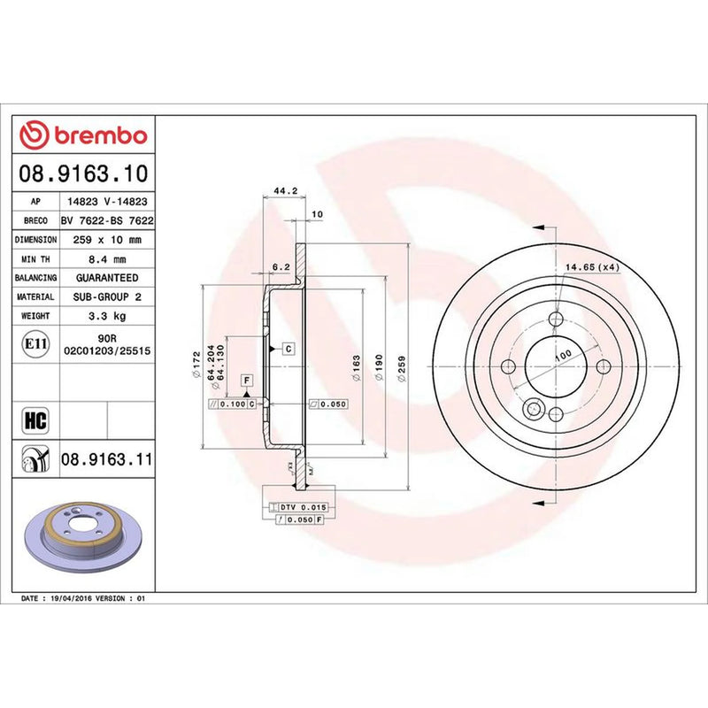 Brembo 2 x Solid Rear Brake Discs 08.9163.11