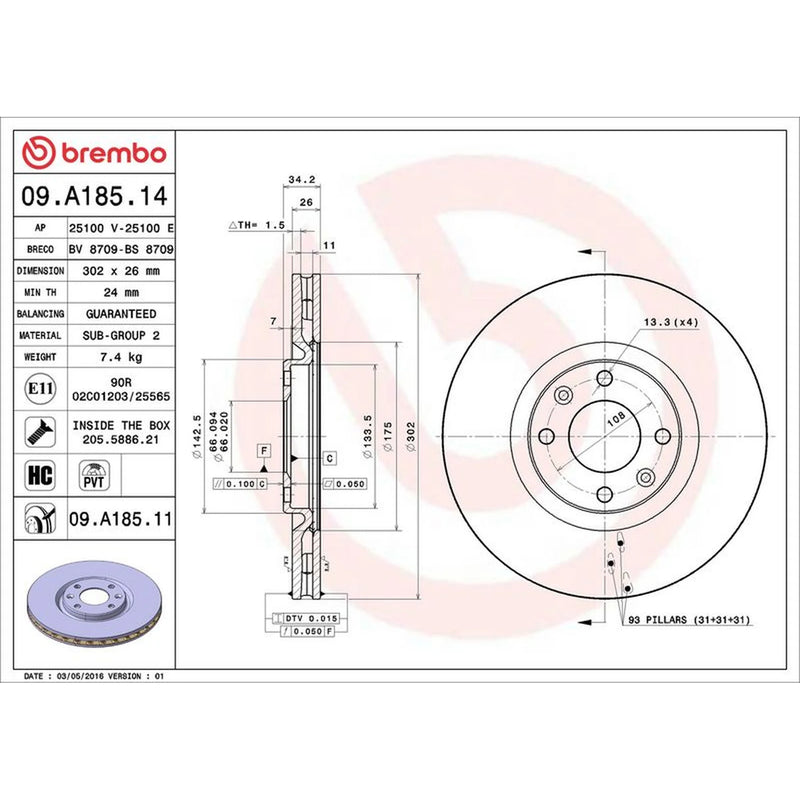 Brembo 2 x Internally Vented Front Brake Discs 09.A185.11