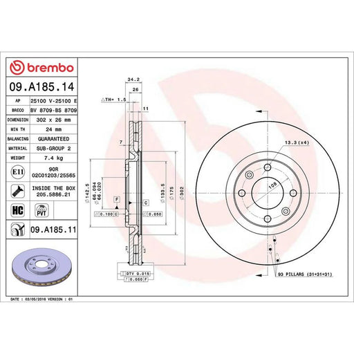 Brembo 2 x Internally Vented Front Brake Discs 09.A185.11