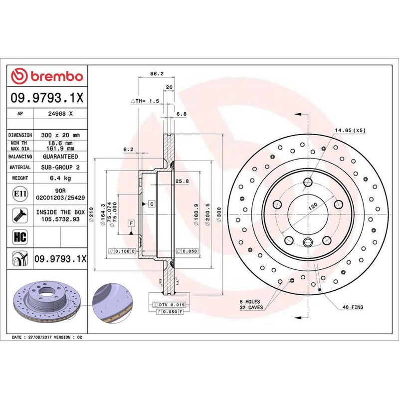 Brembo Xtra 2 x Perforated/Vented Rear Brake Discs 09.9793.1X