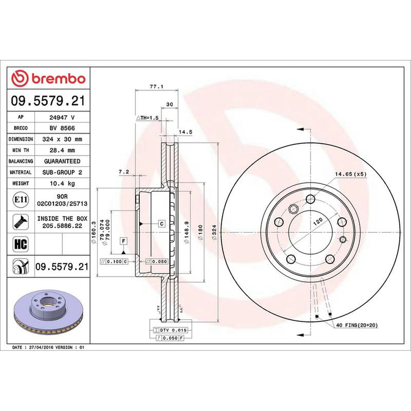Brembo 2 x Internally Vented Front Brake Discs 09.5579.21