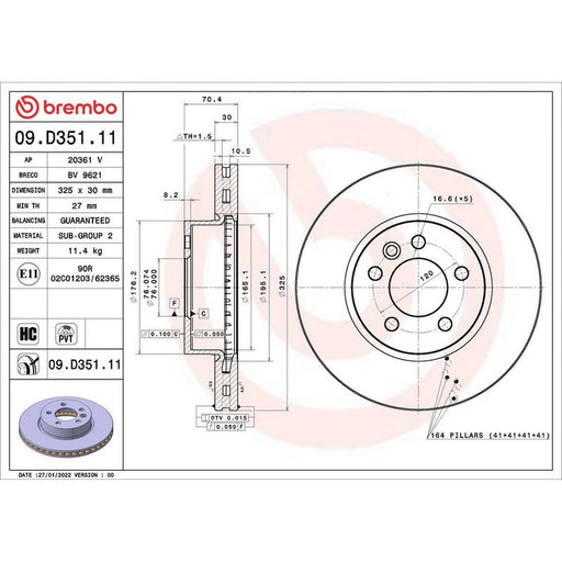 Brembo 2 x Internally Vented Front Brake Discs 09.D351.11