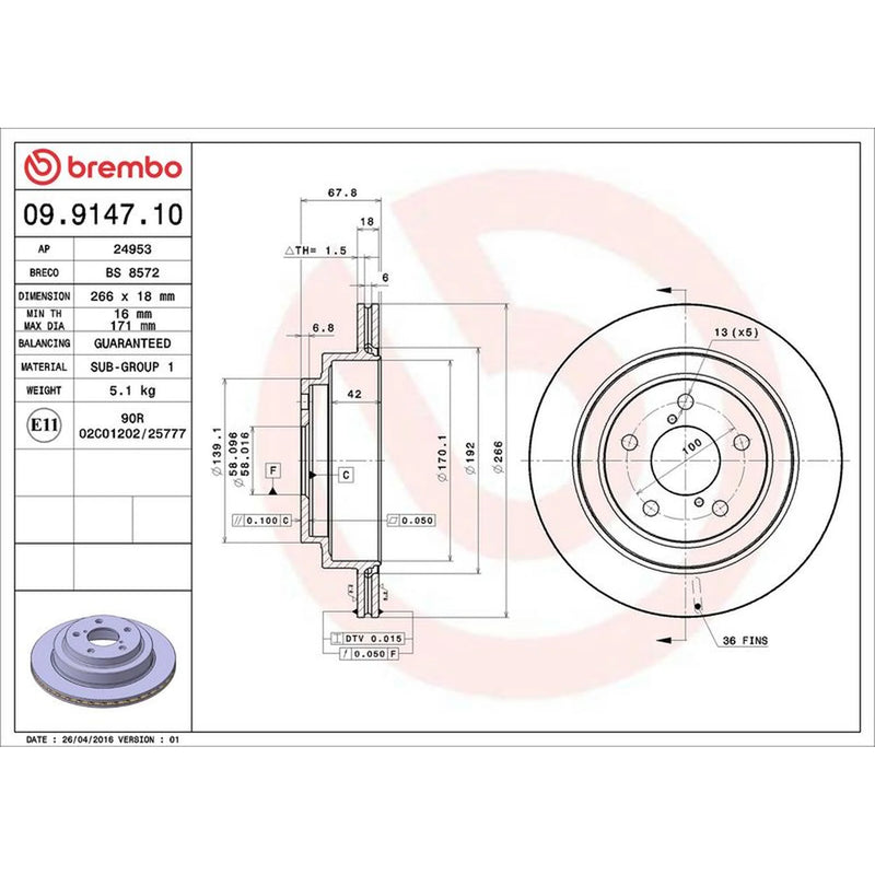 Brembo 2 x Internally Vented Rear Brake Discs 09.9147.10