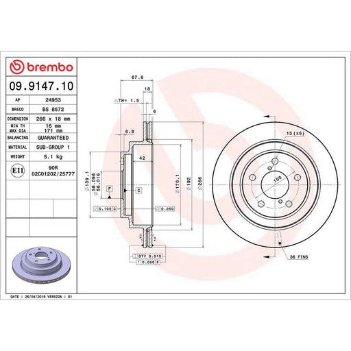 Brembo 2 x Internally Vented Rear Brake Discs 09.9147.10