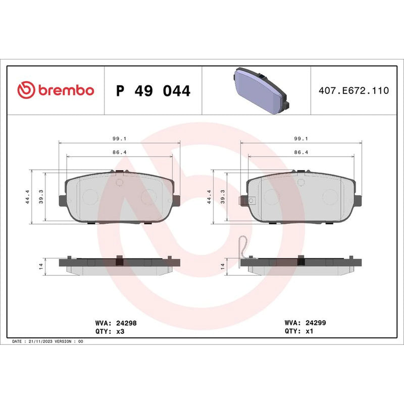Brembo 4 x Rear Brake Pad Set P49044