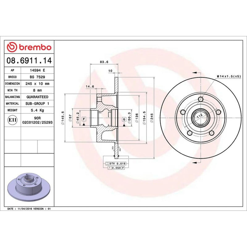 Brembo 2 x Solid Rear Brake Discs 08.6911.14