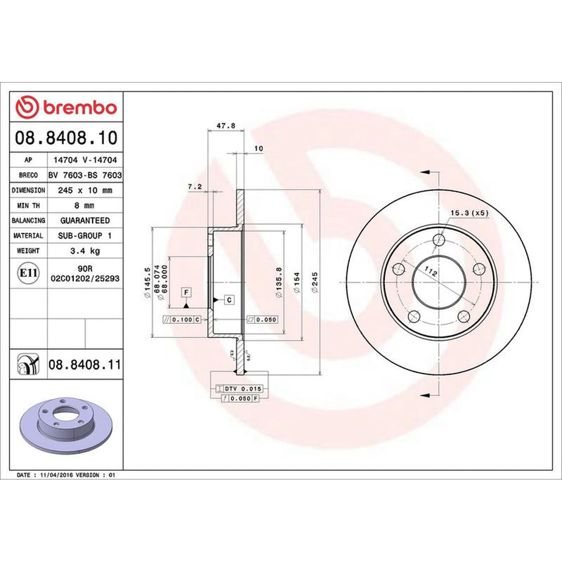 Brembo 2 x Solid Rear Brake Discs 08.8408.11
