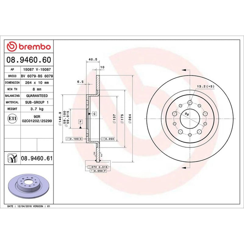 Brembo 2 x Solid Rear Brake Discs 08.9460.61