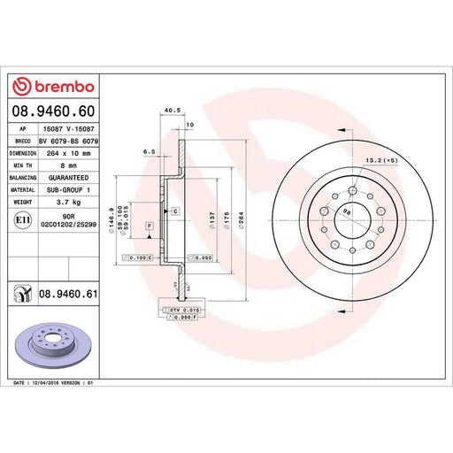 Brembo 2 x Solid Rear Brake Discs 08.9460.61