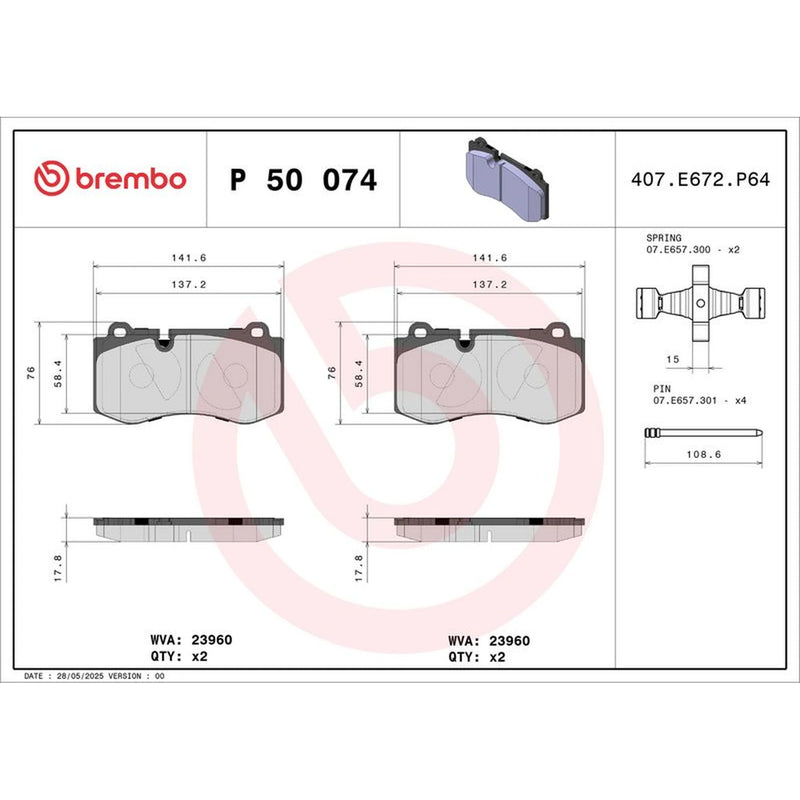 Brembo 4 x Front Brake Pad Set P50074