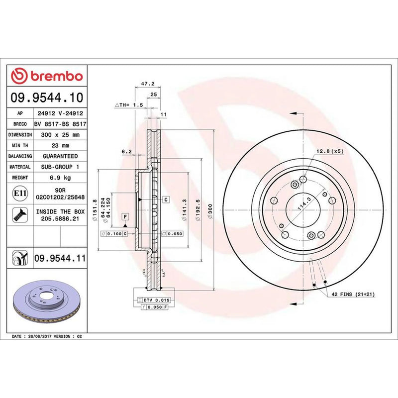 Brembo 2 x Internally Vented Front Brake Discs 09.9544.11