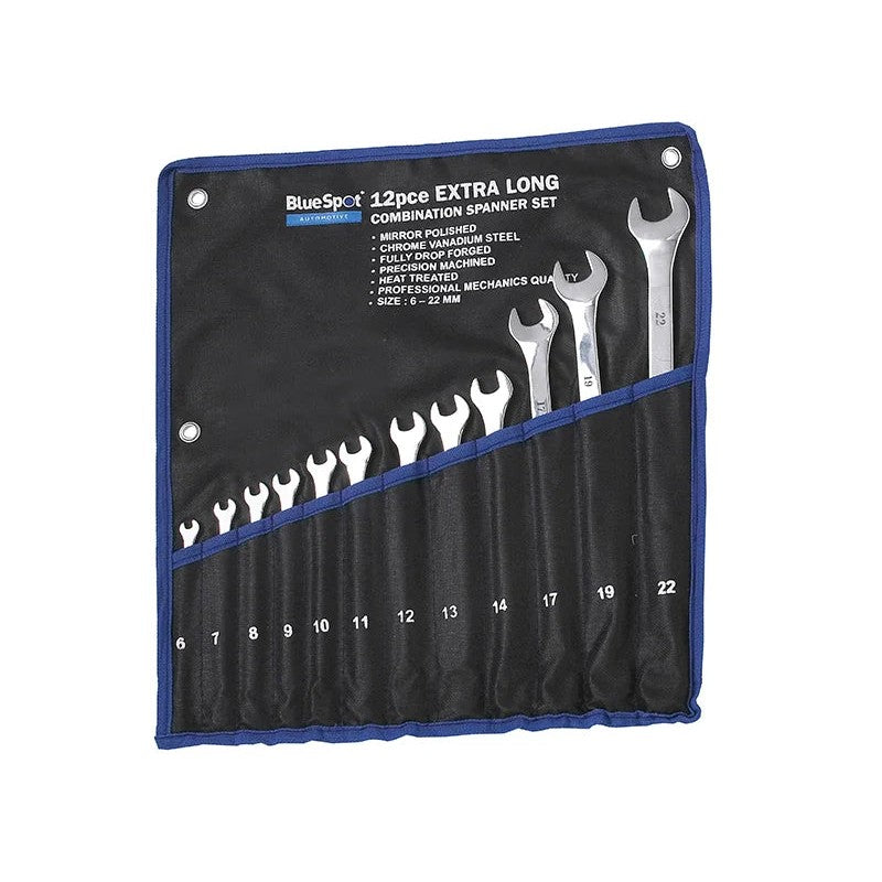 BlueSpot Tools Extra Long Combination Spanner Set, 12 Piece - 04124