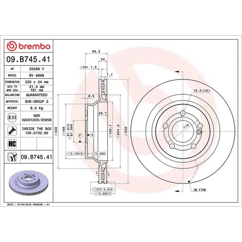 Brembo 2 x Rear Brake Discs 09.B745.41