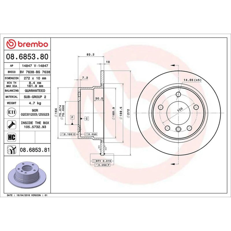 Brembo 2 x Solid Rear Brake Discs 08.6853.81