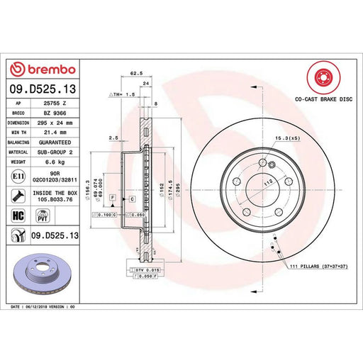 Brembo 2 x Steel Front Brake Disc Hub Brake Discs 09.D525.13