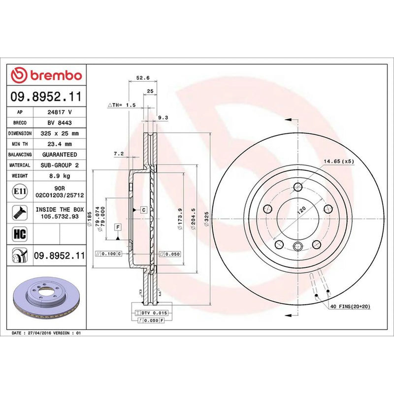 Brembo 2 x Internally Vented Front Brake Discs 09.8952.11